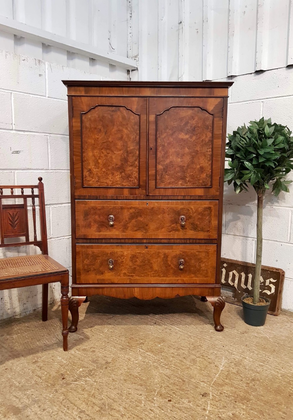 ANTIQUE BURR WALNUT TALLBOY CABINET C1920