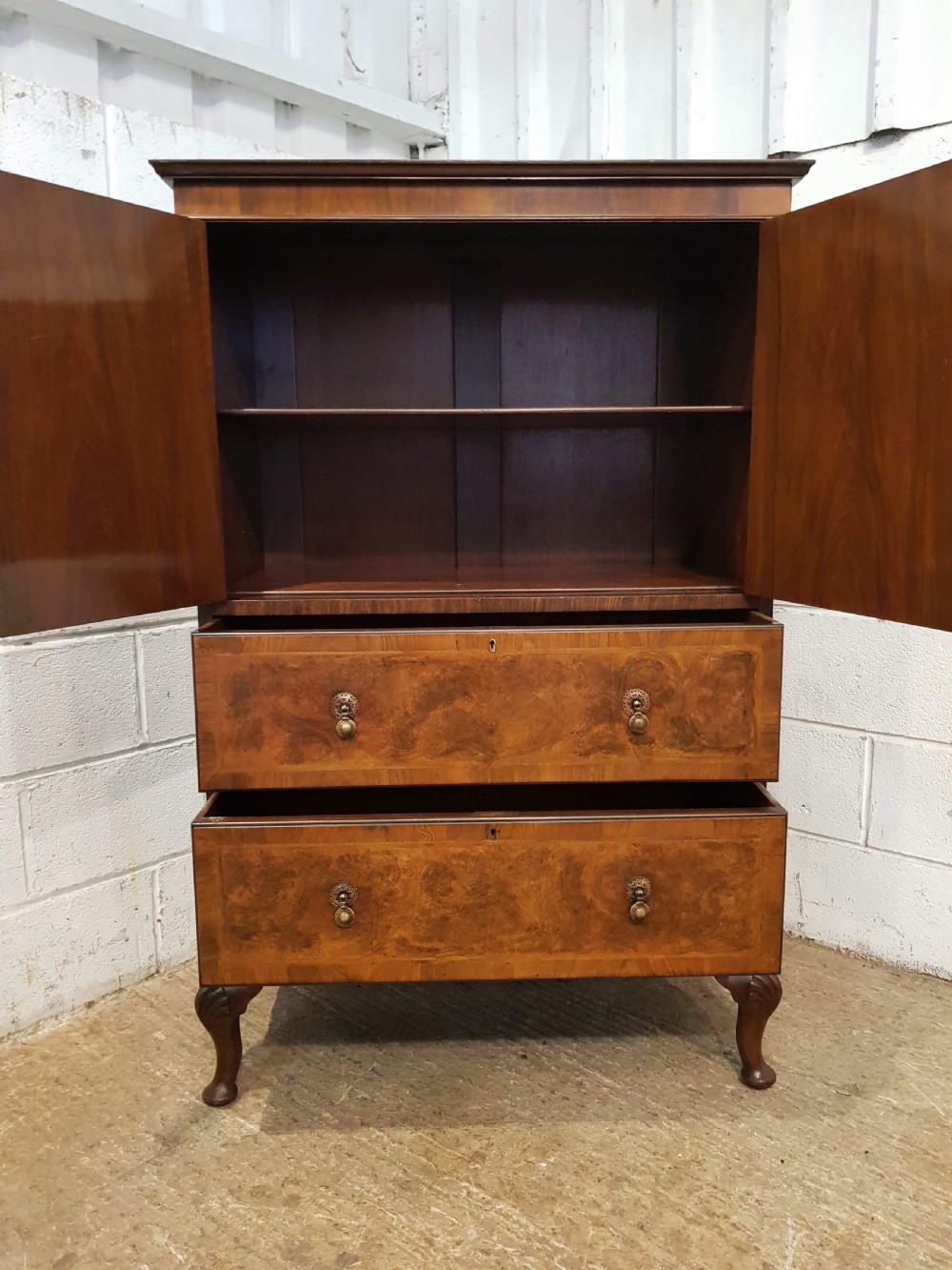 ANTIQUE BURR WALNUT TALLBOY CABINET C1920 View III