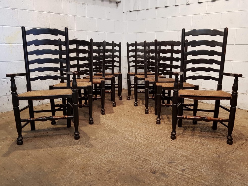 ANTIQUE SET TEN COUNTRY OAK WAVY LADDER BACK DINING CHAIRS C1920