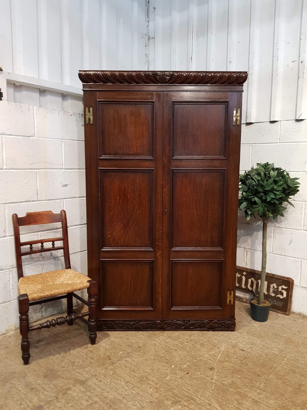 ANTIQUE CARVED OAK DOUBLE WARDROBE C1920