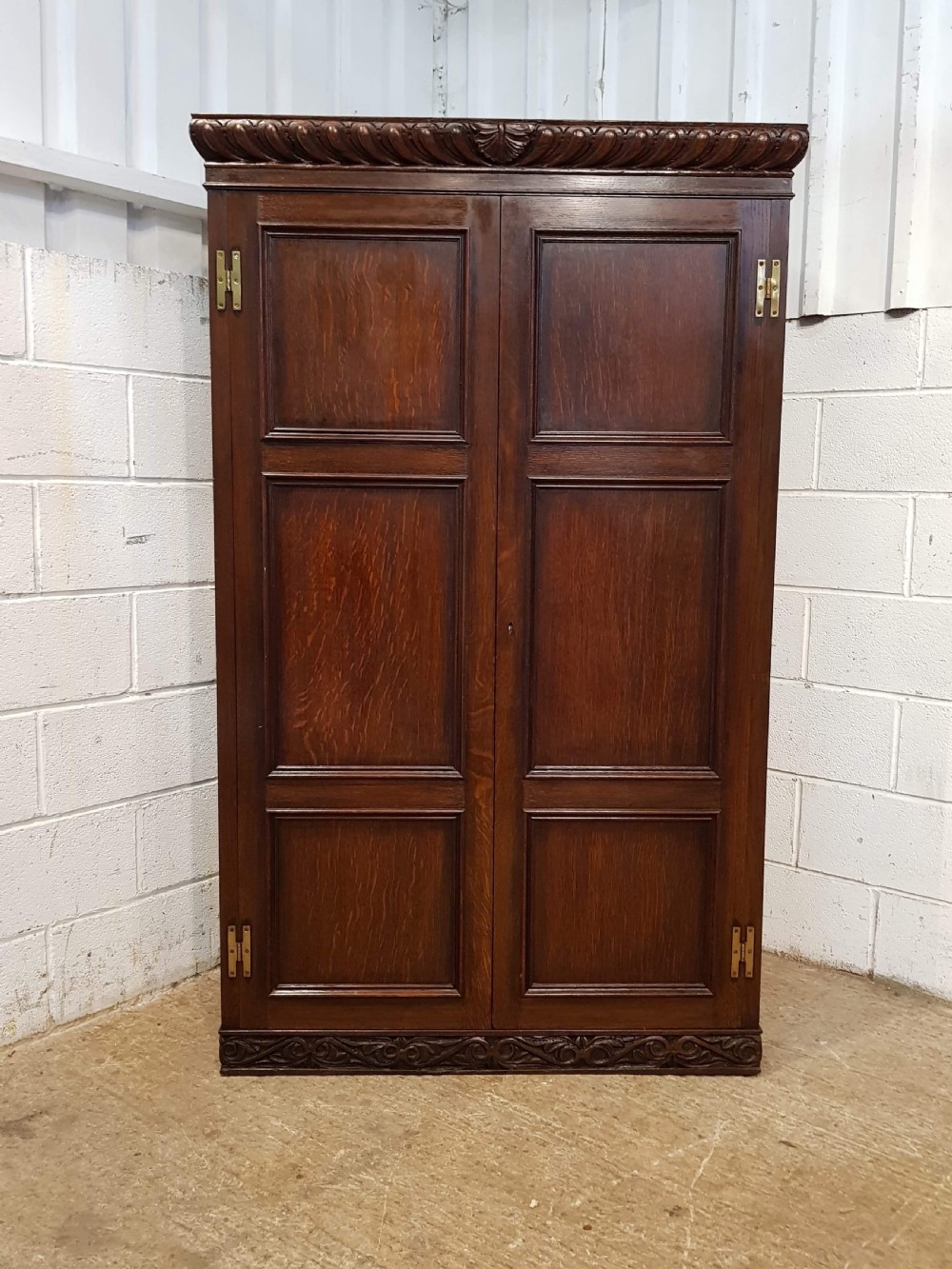 ANTIQUE CARVED OAK DOUBLE WARDROBE C1920 View V