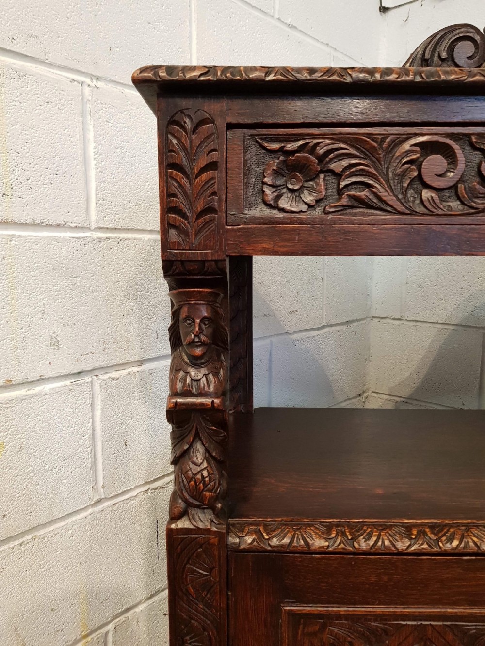 ANTIQUE VICTORIAN SMALL GREEN MAN CARVED GOTHIC OAK BUFFET SIDEBOARD C1870 View IV