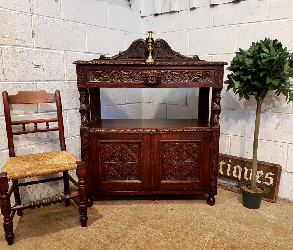 ANTIQUE VICTORIAN SMALL GREEN MAN CARVED GOTHIC OAK BUFFET SIDEBOARD C1870 View V