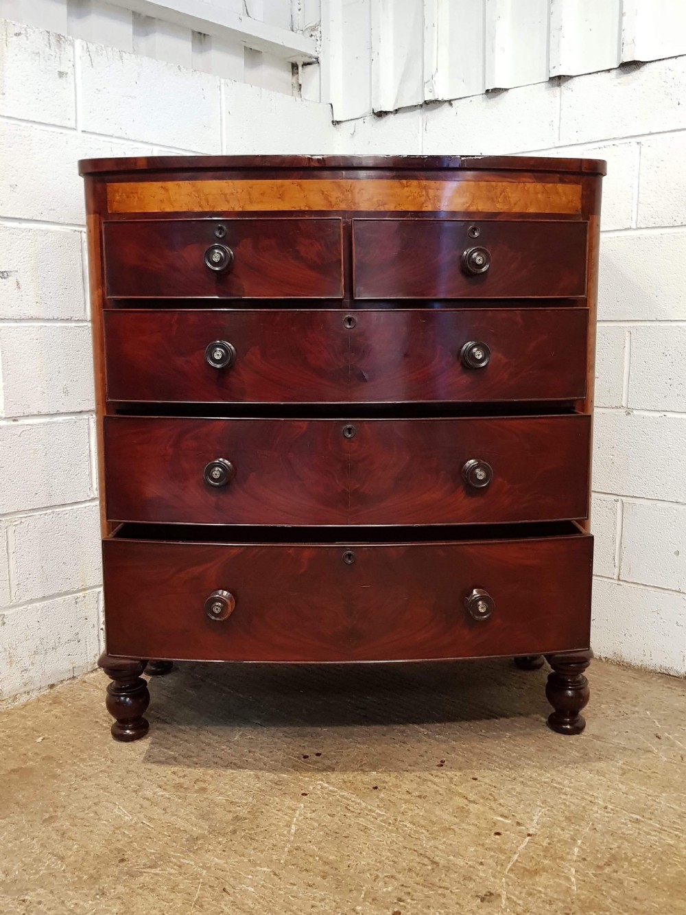 ANTIQUE VICTORIAN MAHOGANY & SATIN BIRCH BOW FRONT CHEST OF DRAWERS C1870 View IV