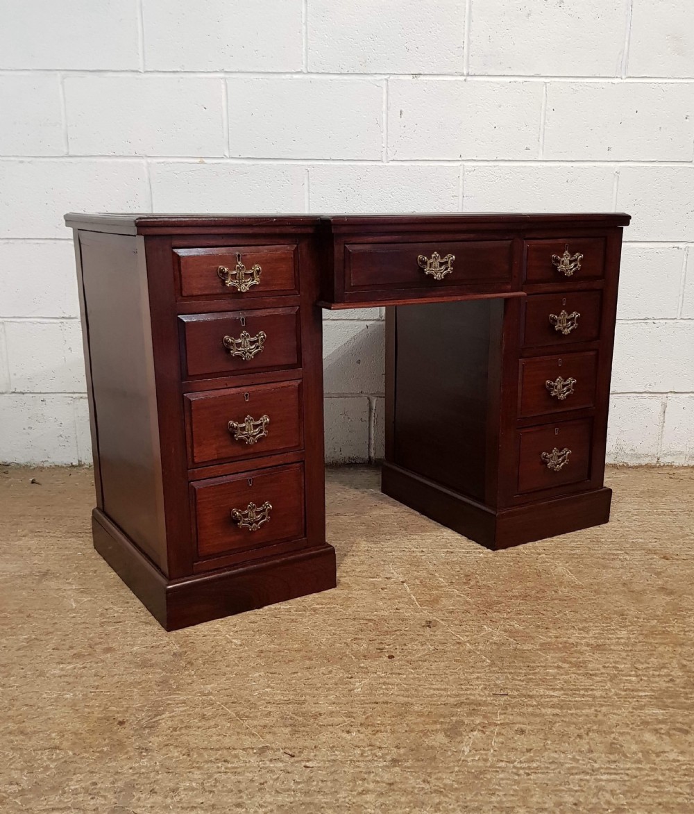 ANTIQUE EDWARDIAN MAHOGANY BREAKFRONT LEATHER TOP TWIN PEDASTAL DESK C1900 View II