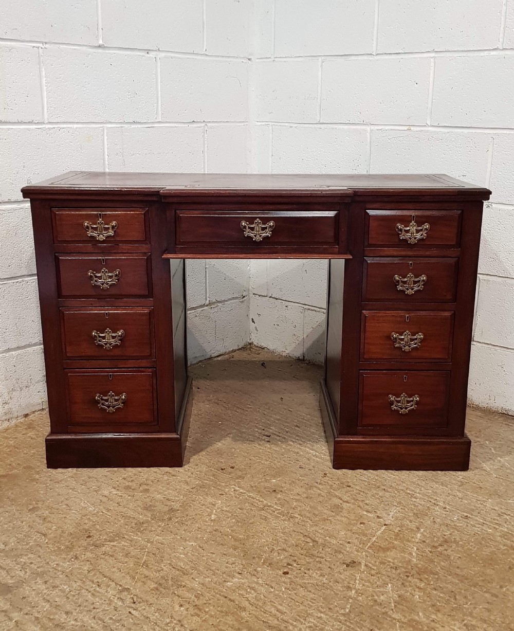 ANTIQUE EDWARDIAN MAHOGANY BREAKFRONT LEATHER TOP TWIN PEDASTAL DESK C1900 View V