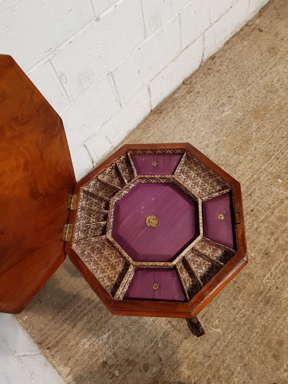 ANTIQUE VICTORIAN WALNUT INLAID TRUMPET SEWING BOX TABLE C1870 View II