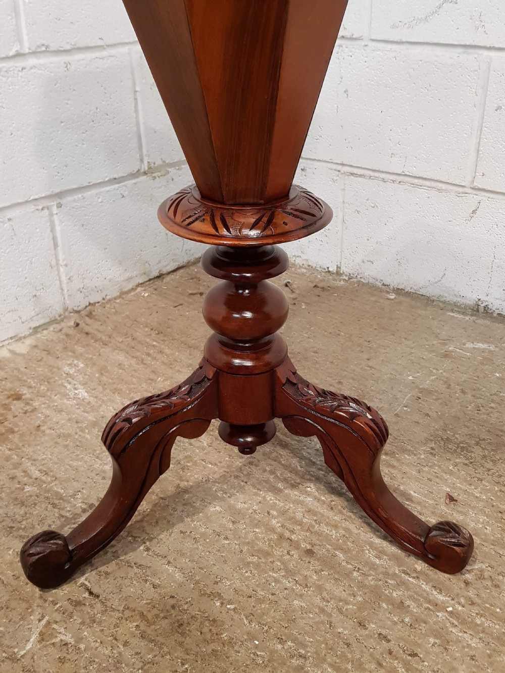 ANTIQUE VICTORIAN WALNUT INLAID TRUMPET SEWING BOX TABLE C1870 View III