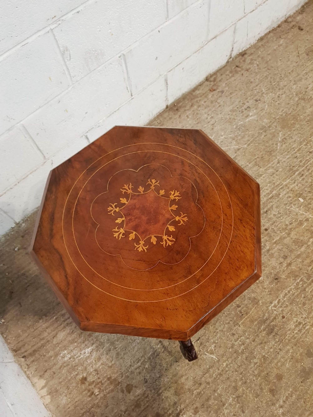 ANTIQUE VICTORIAN WALNUT INLAID TRUMPET SEWING BOX TABLE C1870 View IV