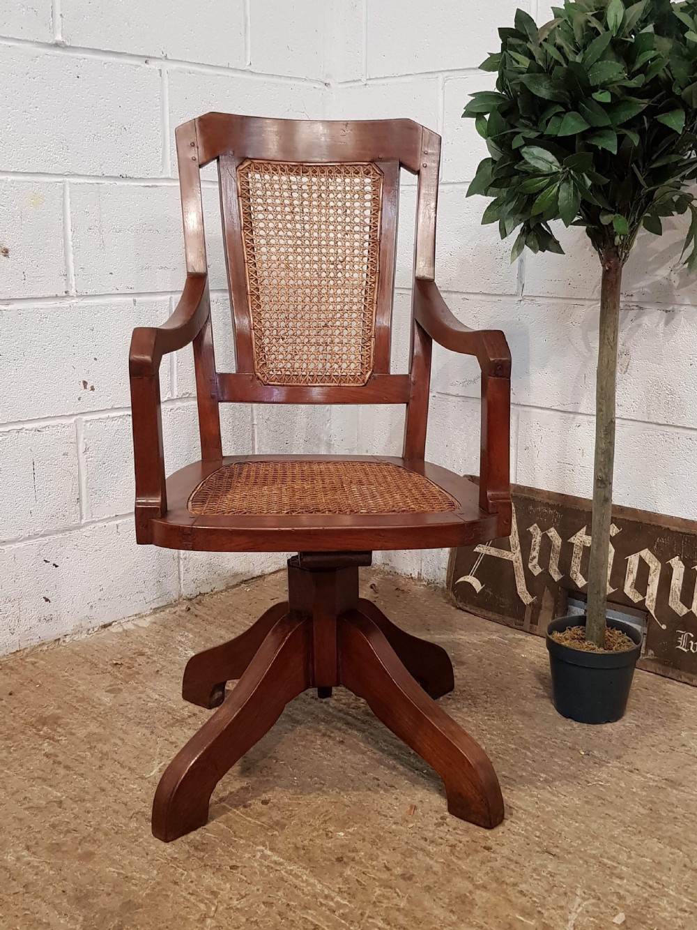 ANTIQUE ARTS & CRAFTS WALNUT BERGERE SWIVEL DESK CHAIR C1900