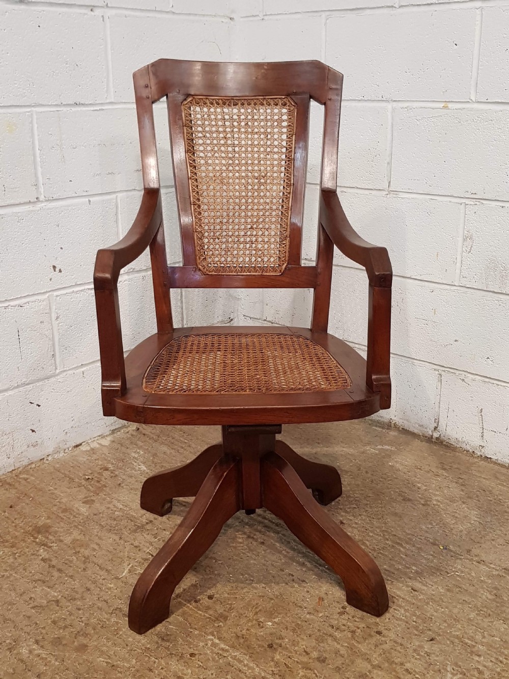 ANTIQUE ARTS & CRAFTS WALNUT BERGERE SWIVEL DESK CHAIR C1900 View V