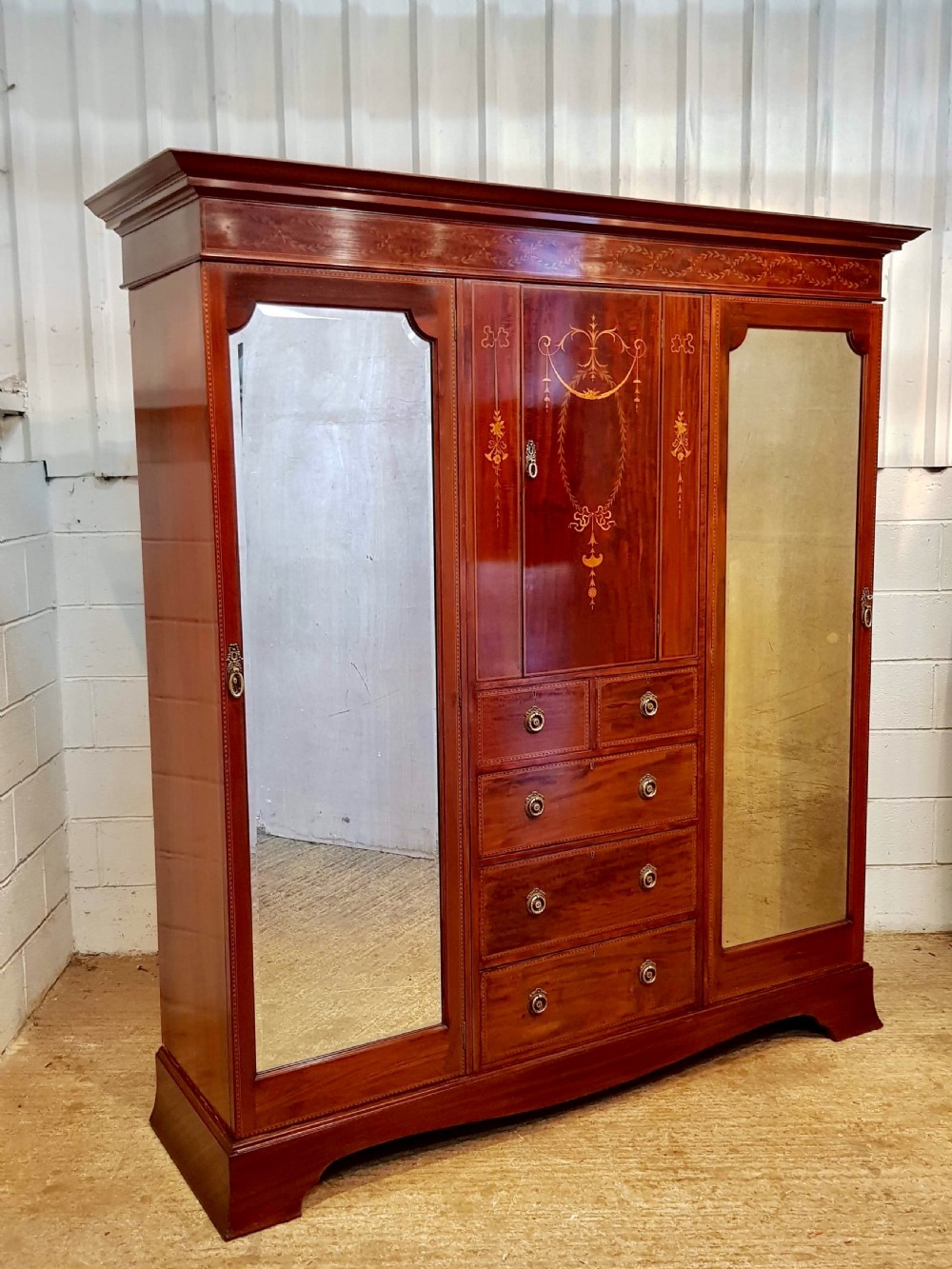 ANTIQUE EDWARDIAN INLAID MAHOGANY TRIPLE WARDROBE  COMPACTUM BY MAPLE & CO C1900