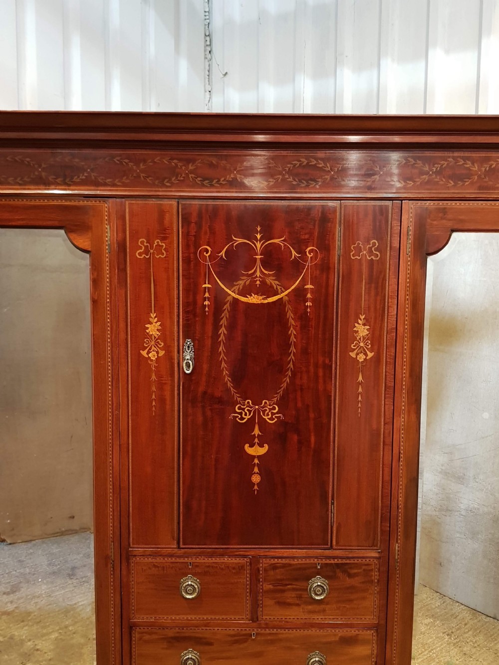 ANTIQUE EDWARDIAN INLAID MAHOGANY TRIPLE WARDROBE  COMPACTUM BY MAPLE & CO C1900 View III