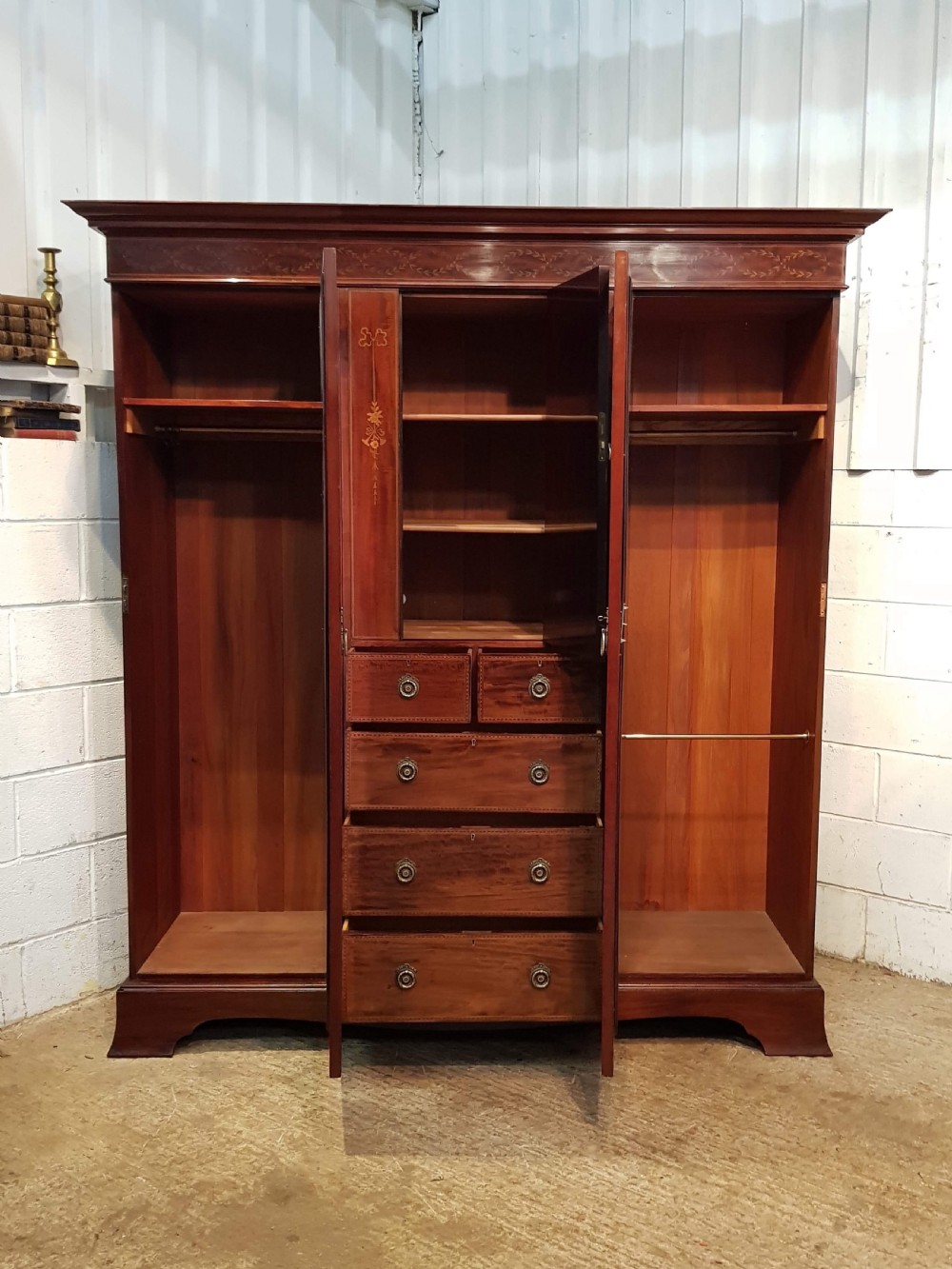 ANTIQUE EDWARDIAN INLAID MAHOGANY TRIPLE WARDROBE  COMPACTUM BY MAPLE & CO C1900 View IV