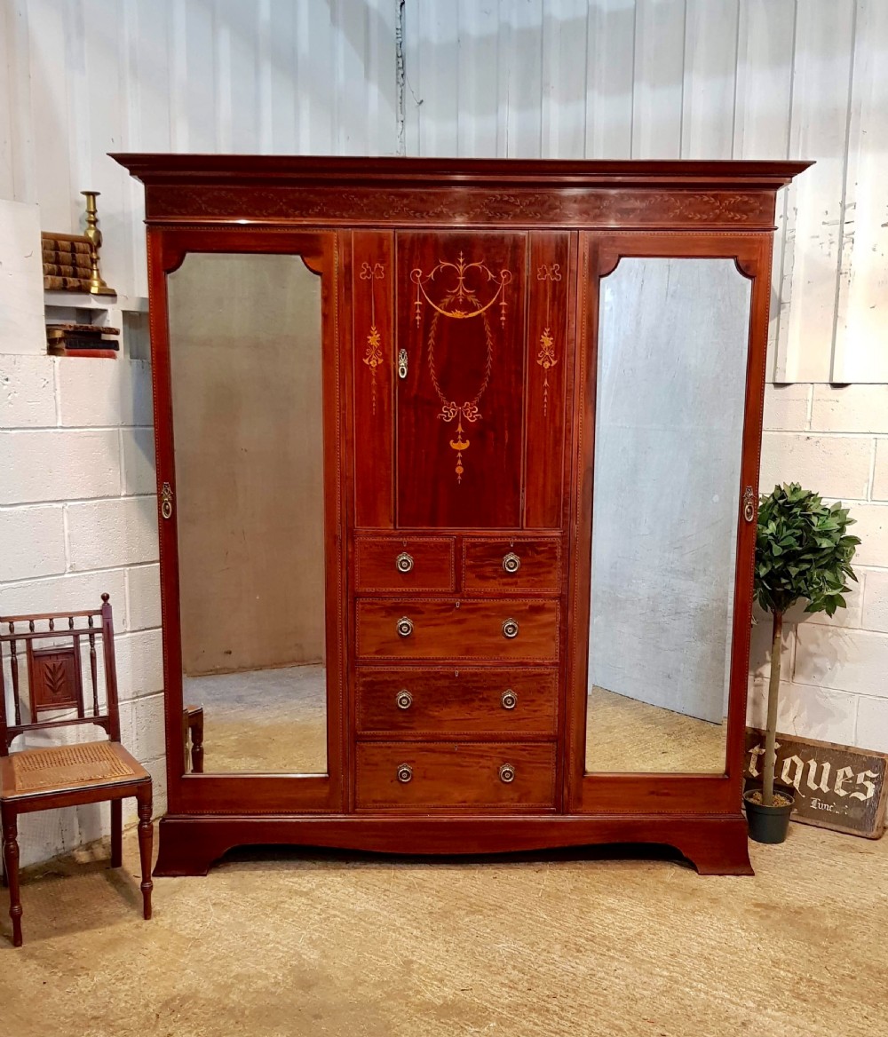 ANTIQUE EDWARDIAN INLAID MAHOGANY TRIPLE WARDROBE  COMPACTUM BY MAPLE & CO C1900 View V