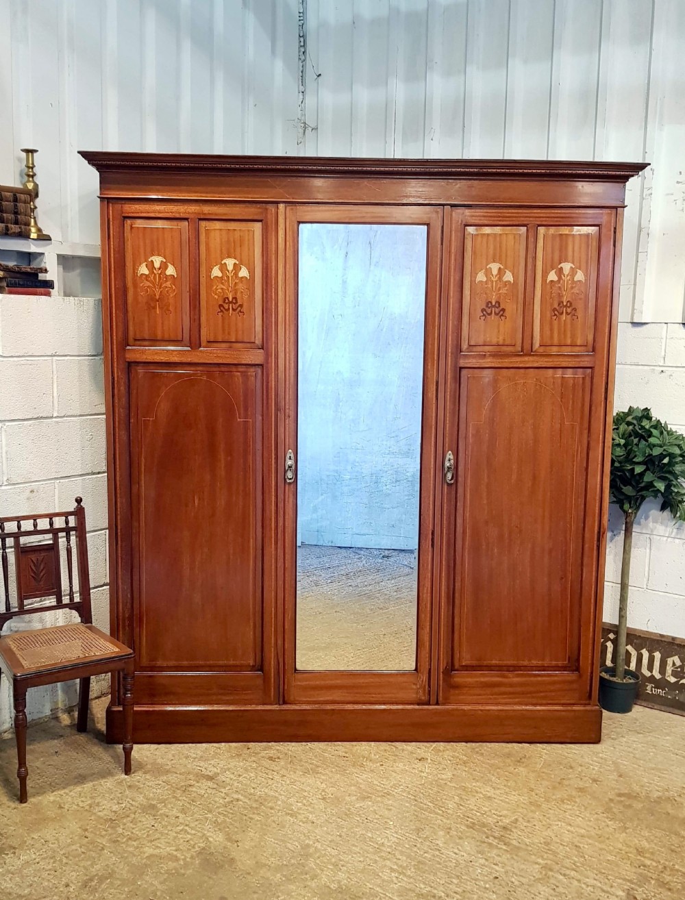 ANTIQUE ARTS & CRAFTS MAHOGANY INLAID TRIPLE WARDROBE C1900 View V
