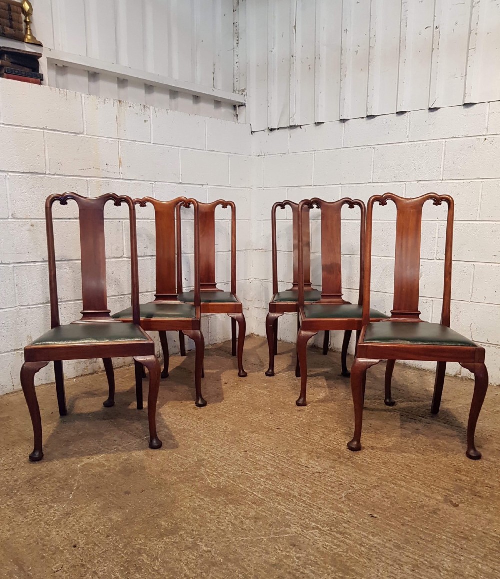 ANTIQUE SET SIX EDWARDIAN MAHOGANY QUEEN ANNE DINING CHAIRS BY MAPLE & Co c1900