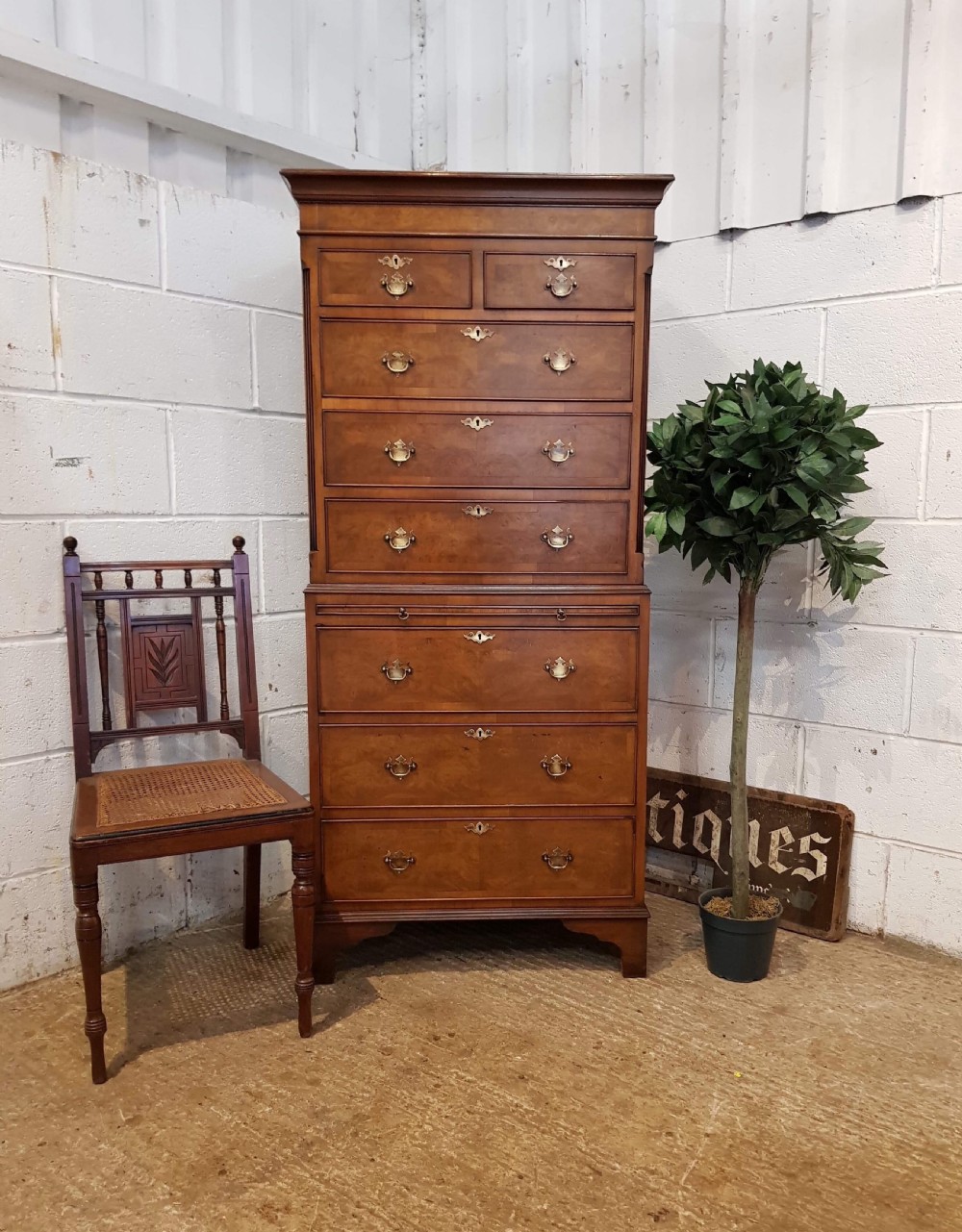 ANTIQUE DWARF BURR WALNUT CHEST ON CHEST WITH BRUSH SLIDE C1920