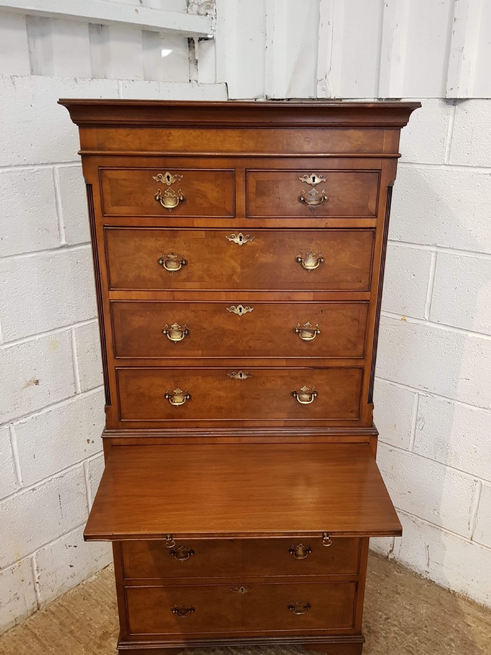 ANTIQUE DWARF BURR WALNUT CHEST ON CHEST WITH BRUSH SLIDE C1920 View III