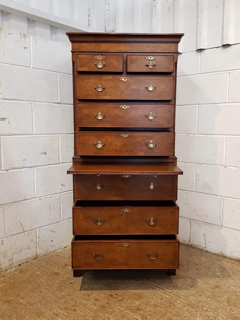 ANTIQUE DWARF BURR WALNUT CHEST ON CHEST WITH BRUSH SLIDE C1920 View IV