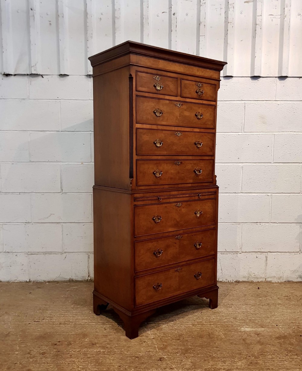 ANTIQUE DWARF BURR WALNUT CHEST ON CHEST WITH BRUSH SLIDE C1920 View V