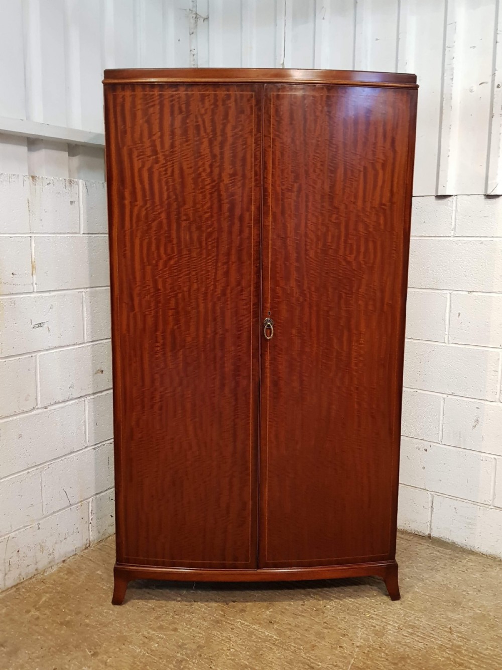 ANTIQUE BOW FRONT FIGURED MAHOGANY DOUBLE WARDROBE C1920 View II