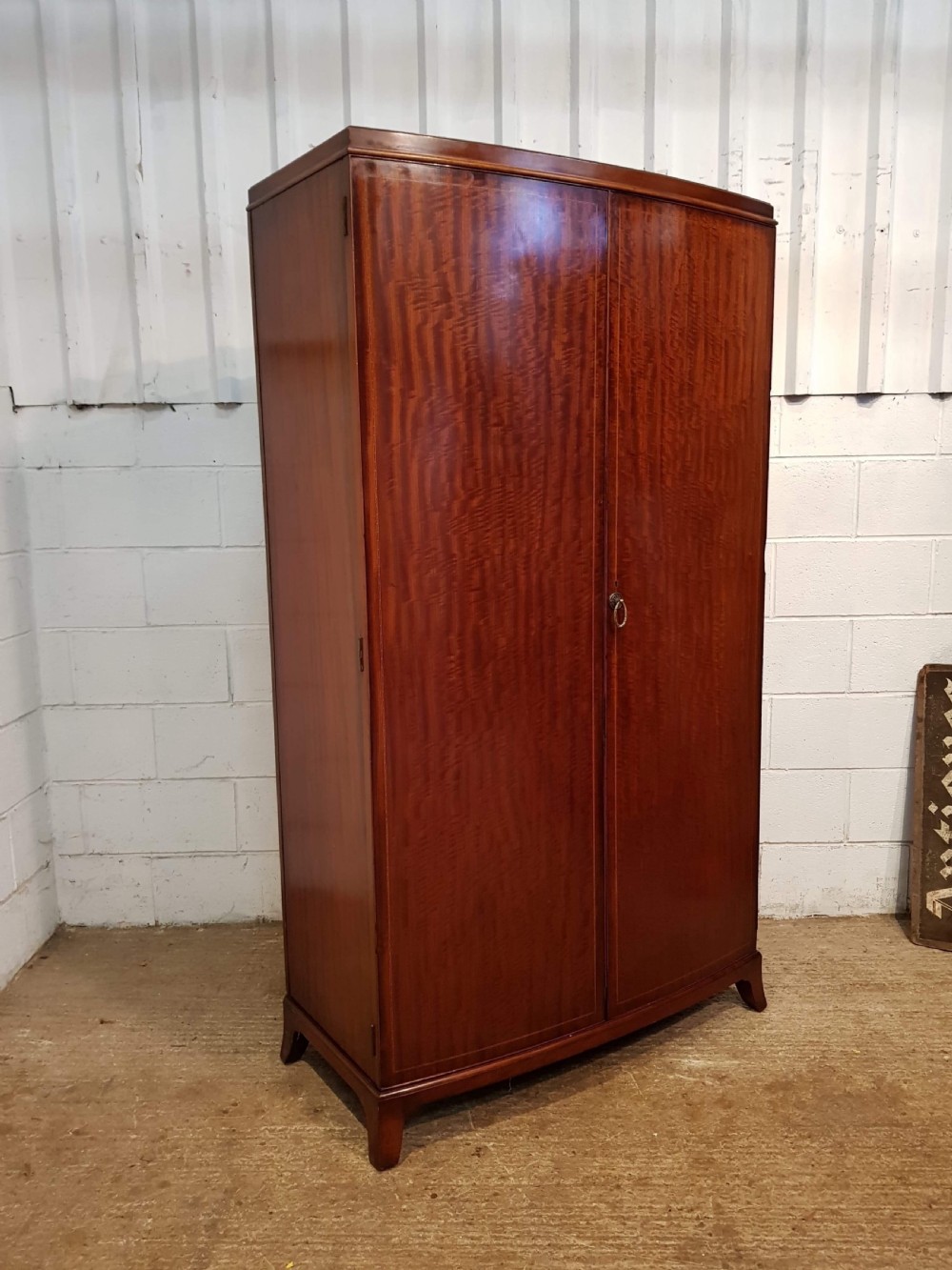 ANTIQUE BOW FRONT FIGURED MAHOGANY DOUBLE WARDROBE C1920 View IV