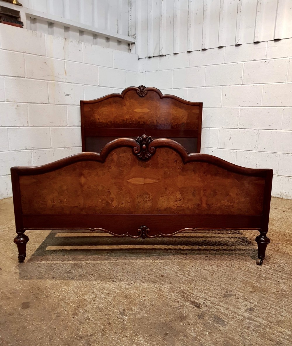 ANTIQUE BURR WALNUT QUEEN ANNE SERPENTINE SHAPED DOUBLE BED C1920