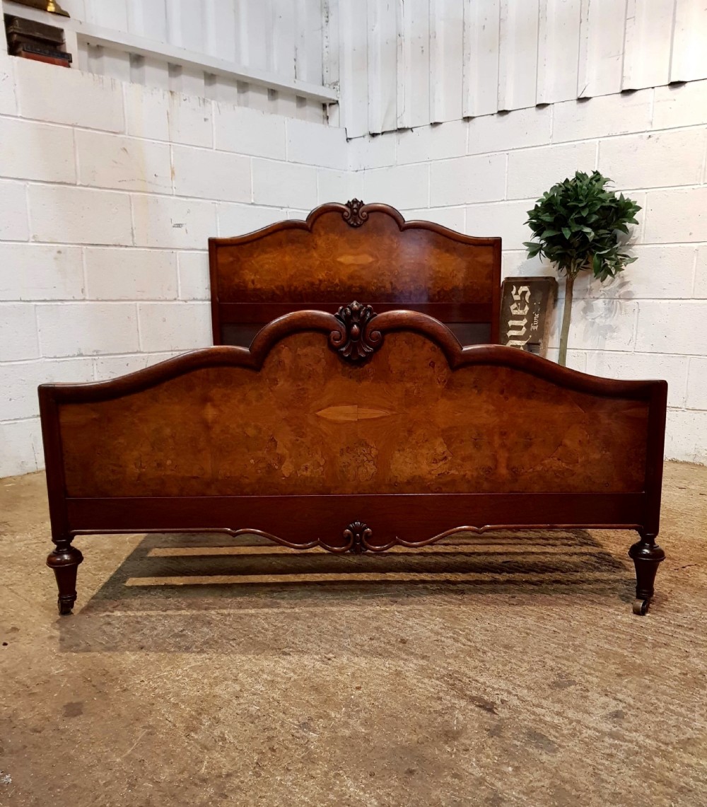 ANTIQUE BURR WALNUT QUEEN ANNE SERPENTINE SHAPED DOUBLE BED C1920 View IV