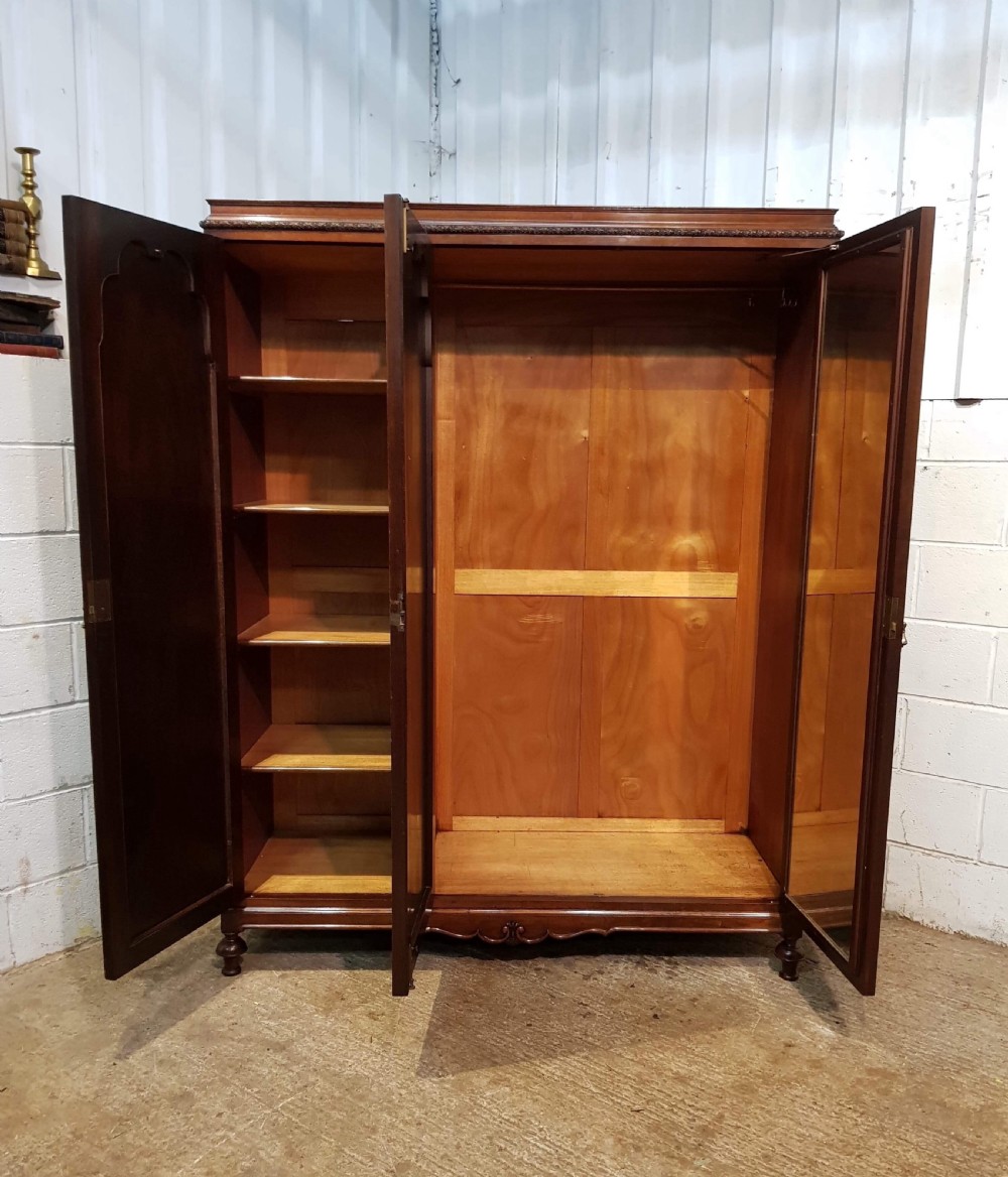 ANTIQUE BURR WALNUT QUEEN ANNE TRIPLE WARDROBE C1920 View II