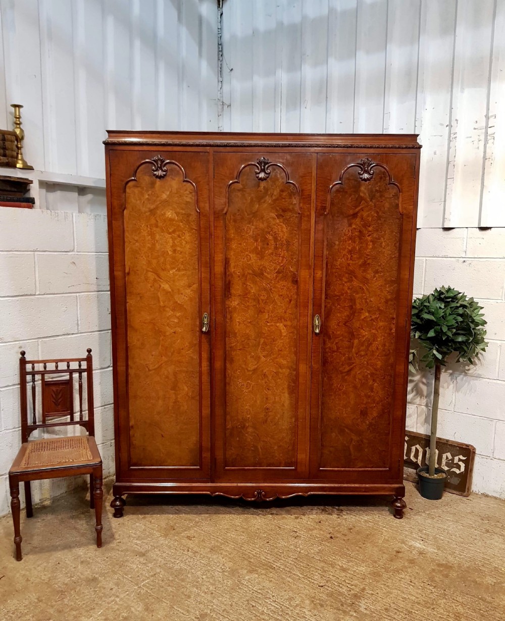 ANTIQUE BURR WALNUT QUEEN ANNE TRIPLE WARDROBE C1920 View V