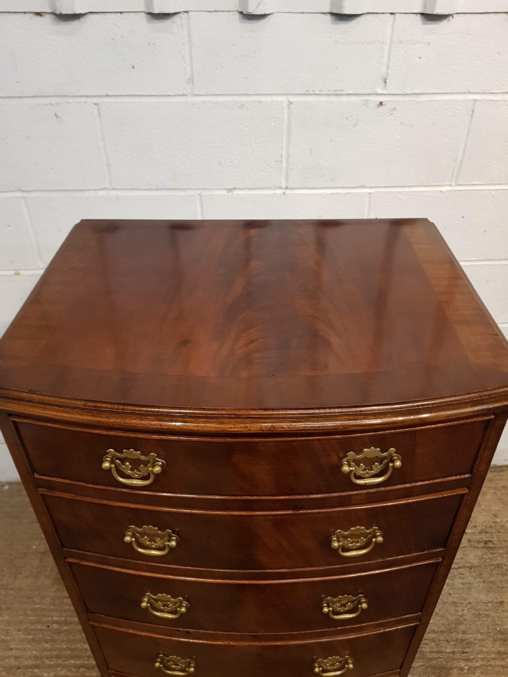 ANTIQUE FLAMED MAHOGANY TALL NARROW BOW FRONT CHEST OF DRAWERS C1900 View II