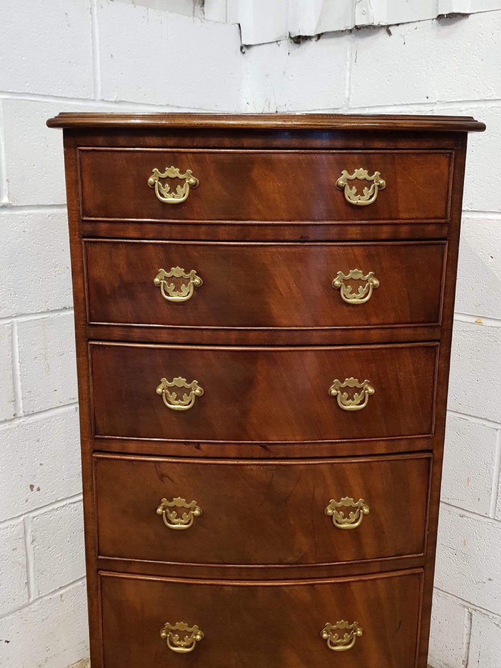 ANTIQUE FLAMED MAHOGANY TALL NARROW BOW FRONT CHEST OF DRAWERS C1900 View III