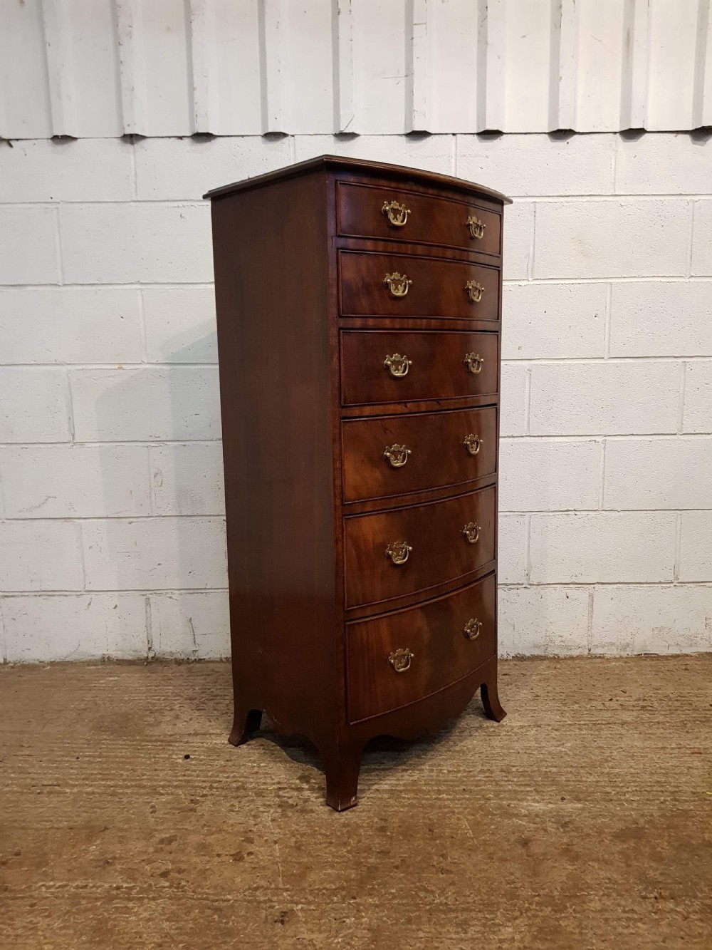 ANTIQUE FLAMED MAHOGANY TALL NARROW BOW FRONT CHEST OF DRAWERS C1900 View IV