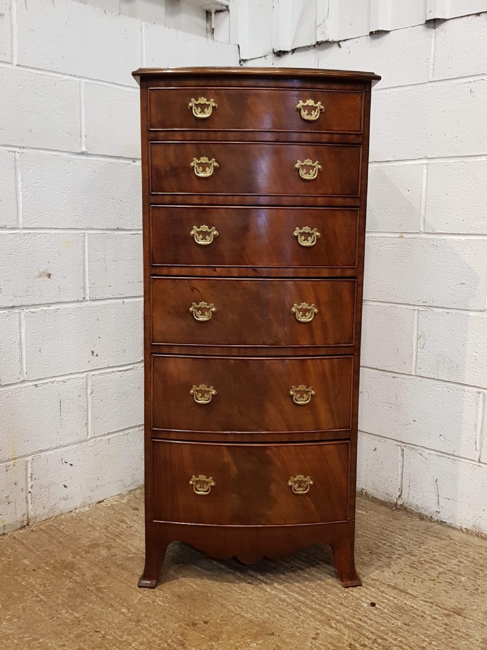 ANTIQUE FLAMED MAHOGANY TALL NARROW BOW FRONT CHEST OF DRAWERS C1900 View V