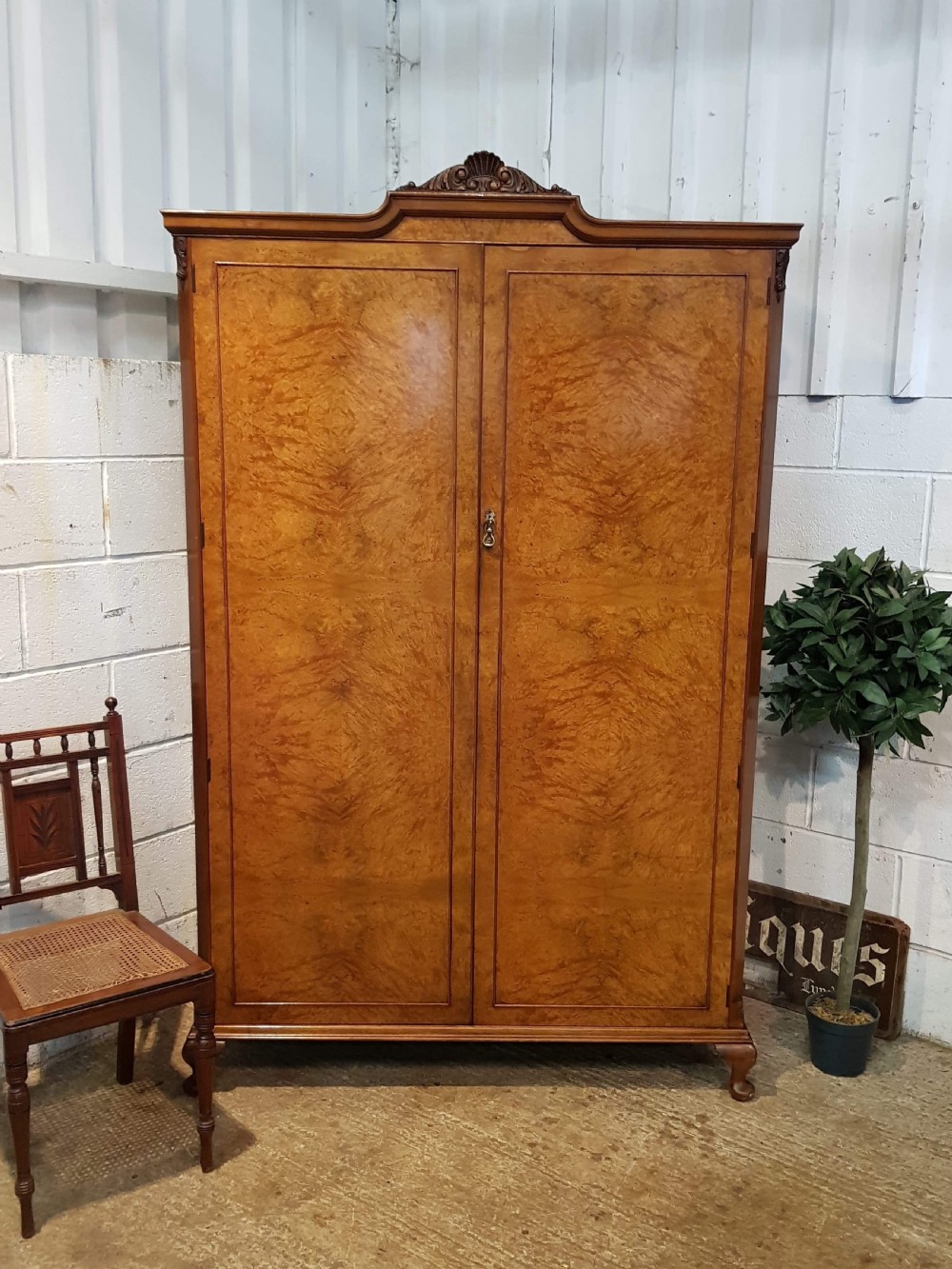 ANTIQUE BURR WALNUT ART DECO DOUBLE WARDROBE C1920