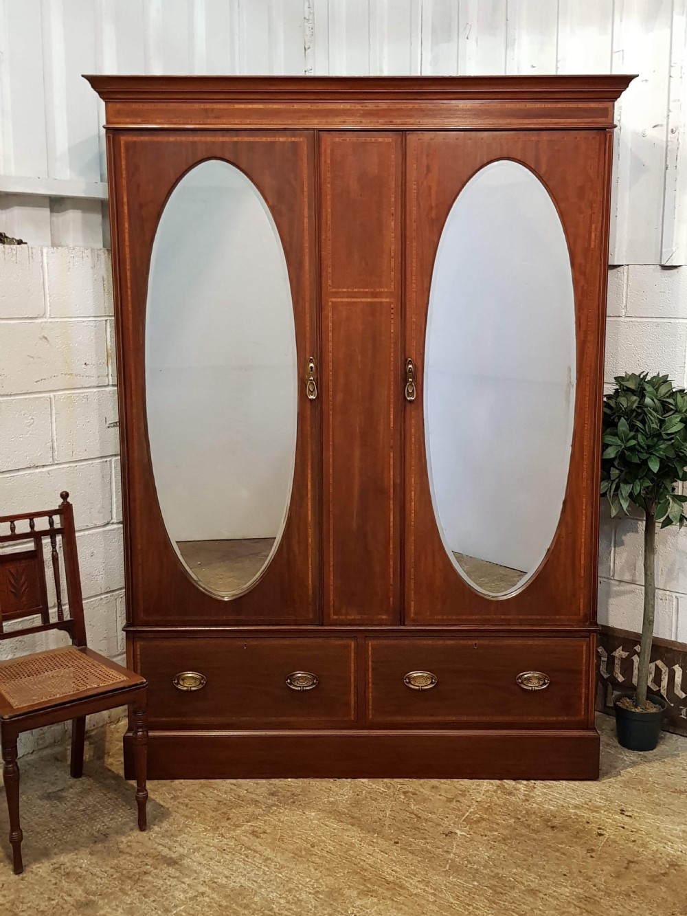 ANTIQUE EDWARDIAN INLAID MAHOGANY DOUBLE WARDROBE C1900