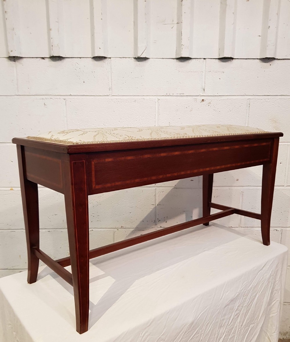 ANTIQUE EDWARDIAN INLAID MAHOGANY DUET PIANO STOOL C1900
