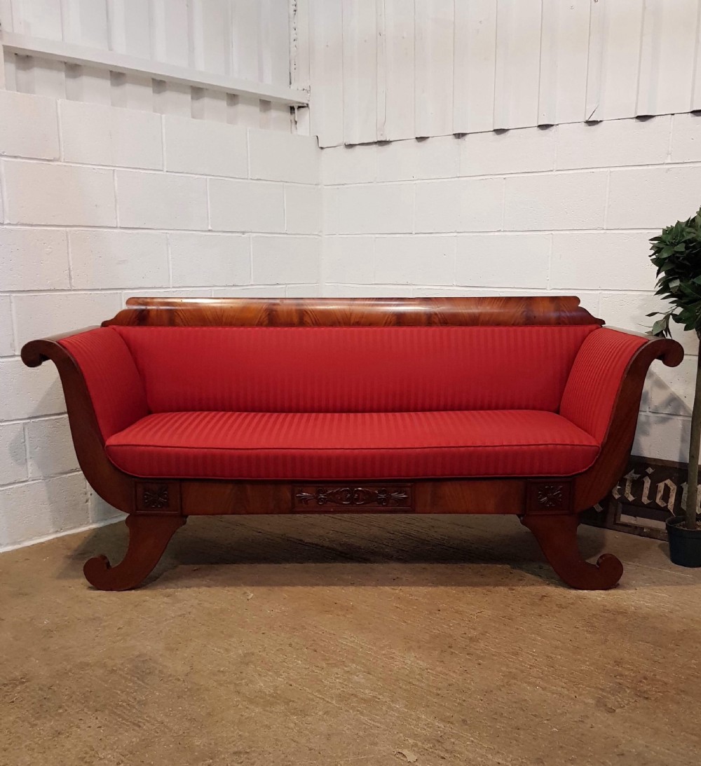 ANTIQUE REGENCY MAHOGANY SCROLL ARM FLAT BACK SOFA C1820