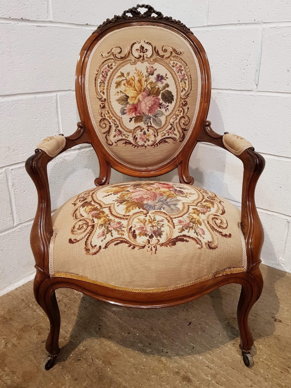 ANTIQUE 19TH CENTURY FRENCH WALNUT FAUTEUIL NEEDLEPOINT ARMCHAIR C1890