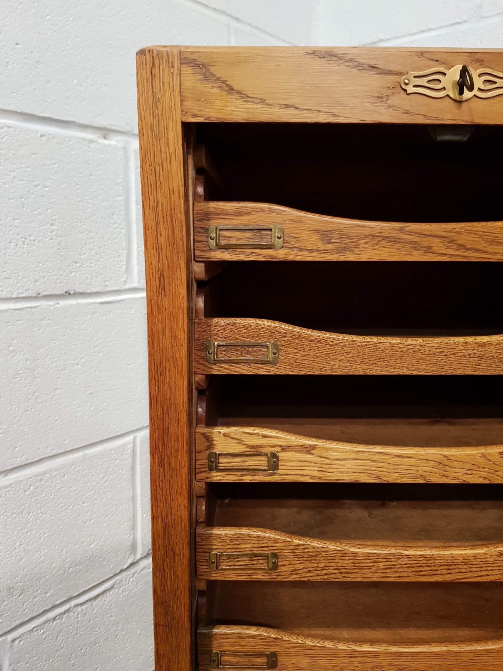 ANTIQUE GOLDEN OAK TAMBOUR FRONTED FILING CABINET C1920 View VI