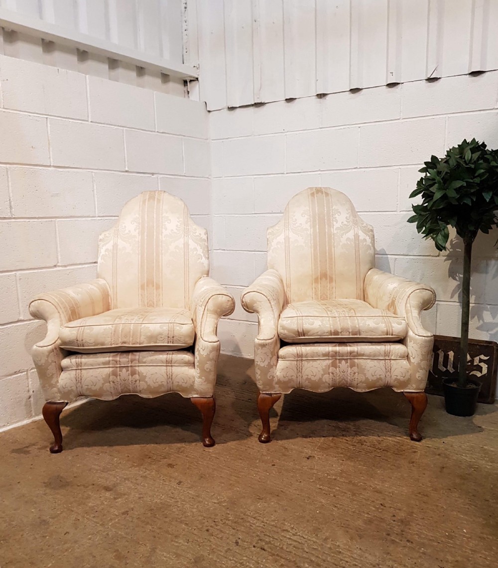 ANTIQUE PAIR QUEEN ANNE STYLE ARMCHAIRS C1900