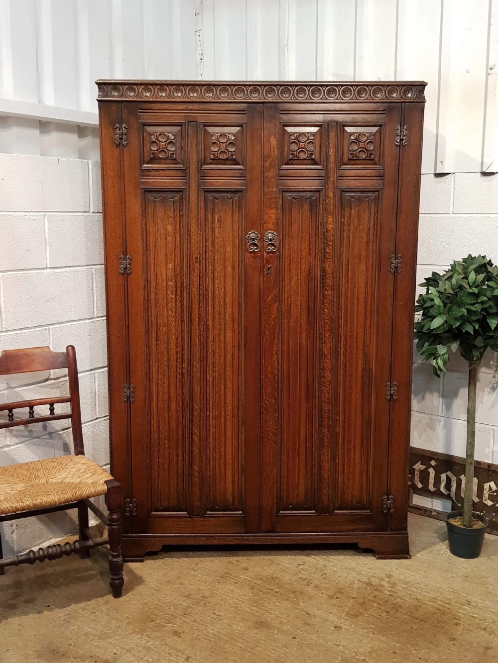 ANTIQUE  OAK LINEN FOLD DOUBLE WARDROBE C1920