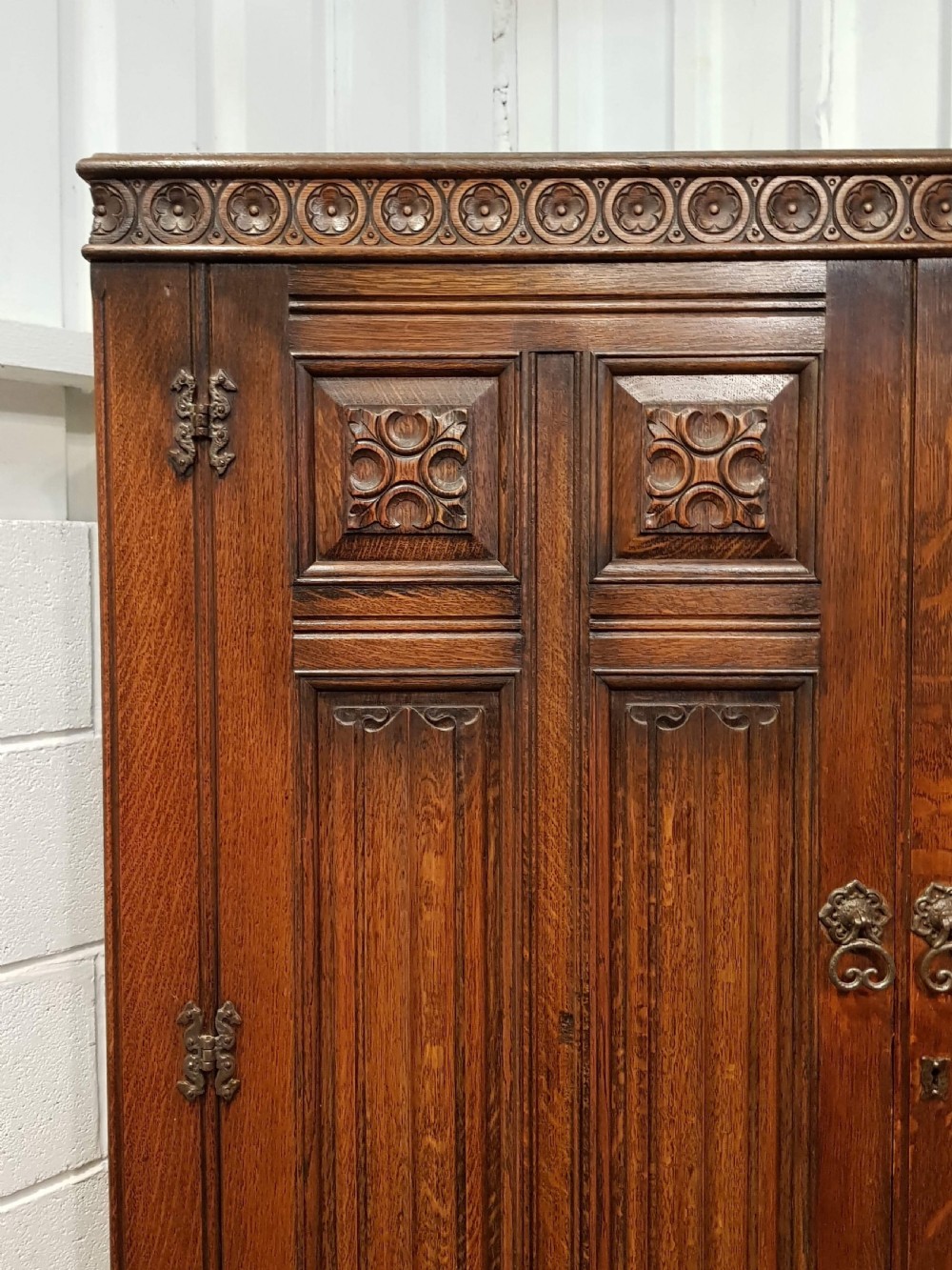 ANTIQUE  OAK LINEN FOLD DOUBLE WARDROBE C1920 View V