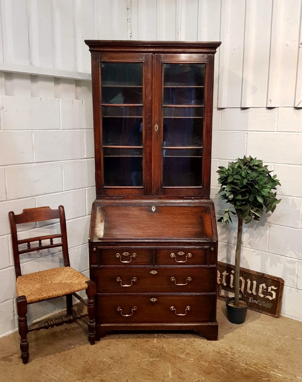 ANTIQUE GEORGIAN COUNTRY OAK BUREAU BOOKCASE C1780