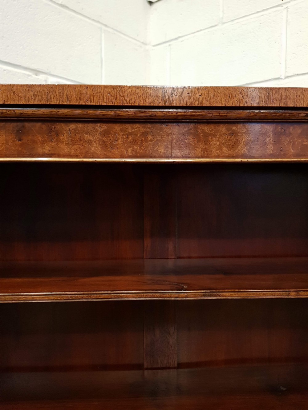 ANTIQUE BURR ELM AND MAHOGANY OPEN BOOKCASE C1920 View II