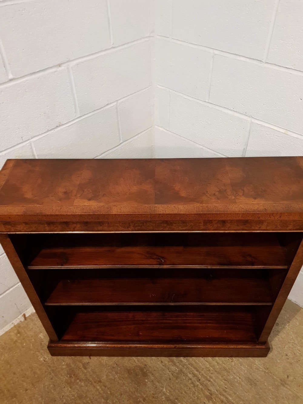 ANTIQUE BURR ELM AND MAHOGANY OPEN BOOKCASE C1920 View III