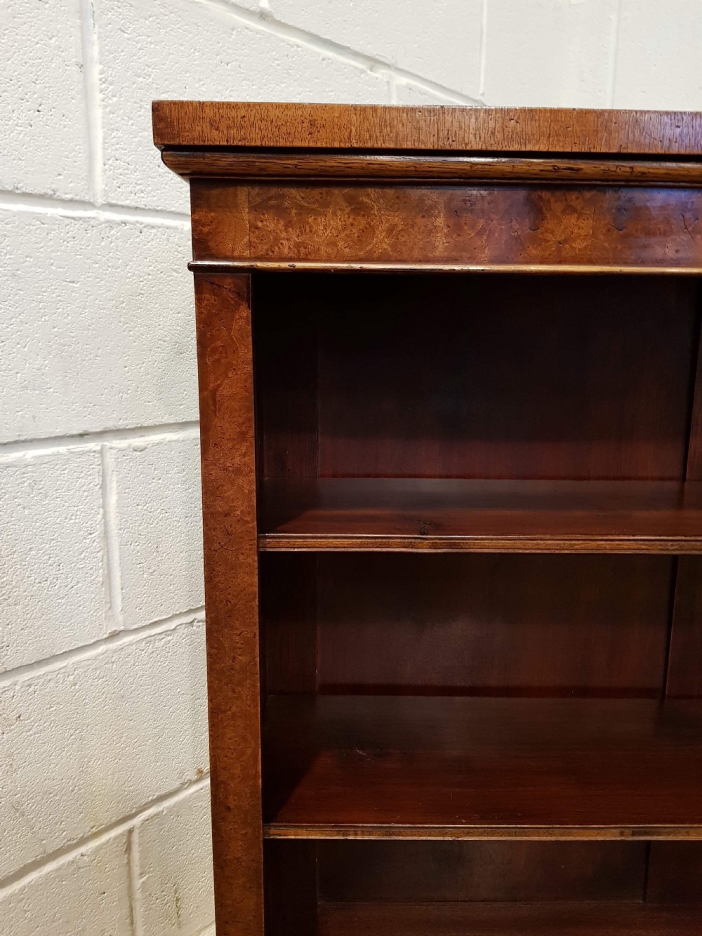 ANTIQUE BURR ELM AND MAHOGANY OPEN BOOKCASE C1920 View IV