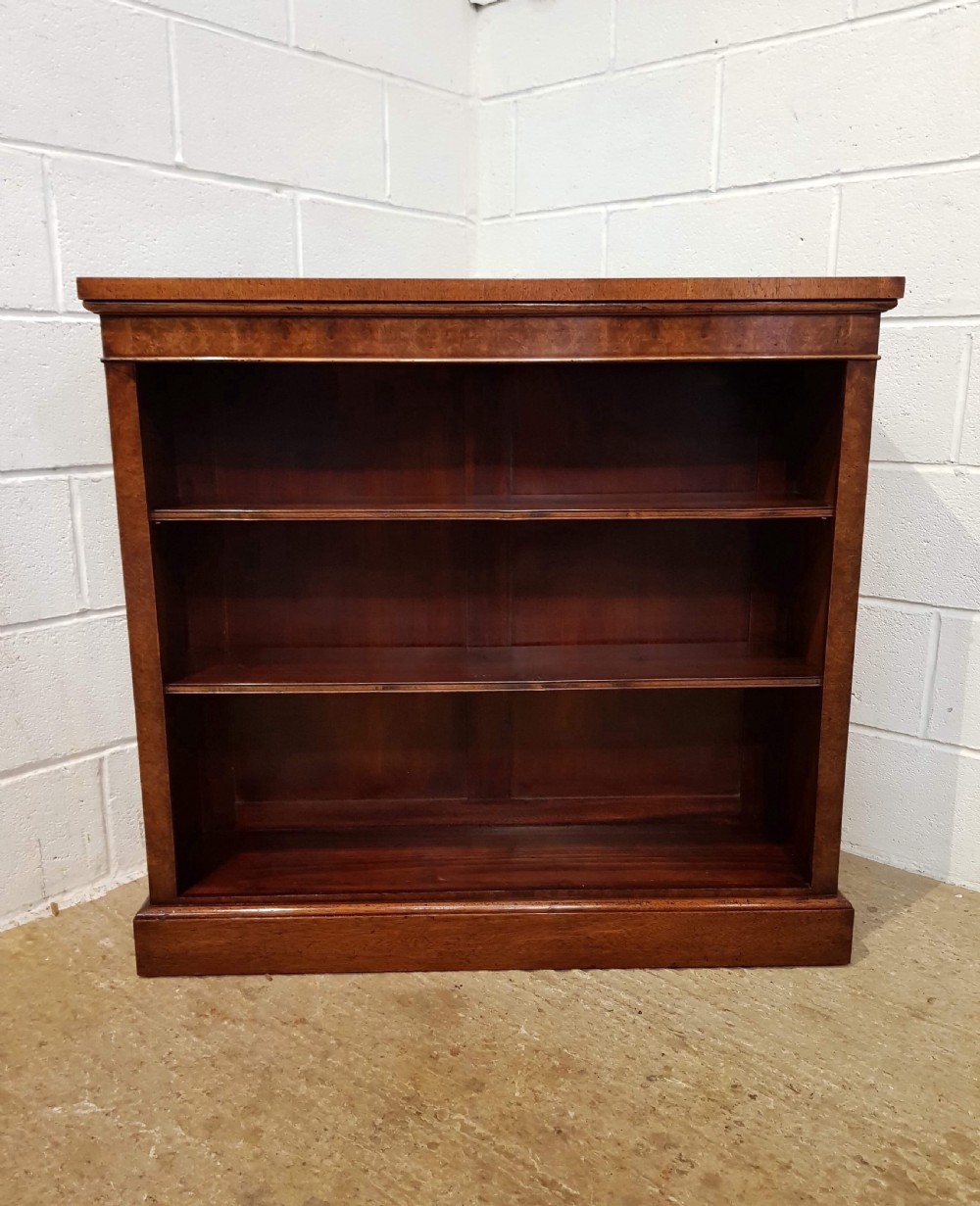 ANTIQUE BURR ELM AND MAHOGANY OPEN BOOKCASE C1920 View V