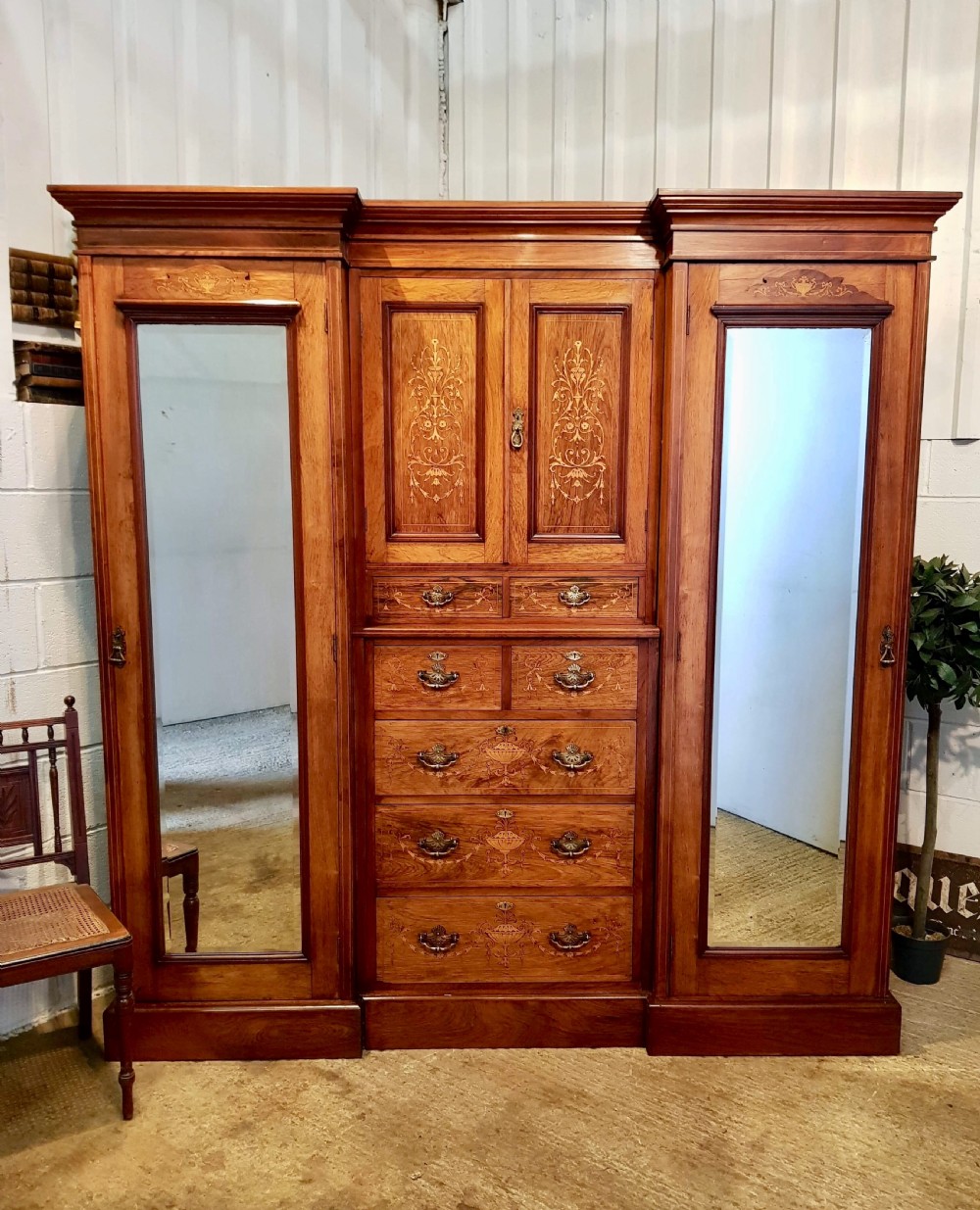 ANTIQUE VICTORIAN INLAID WALNUT BREAKFRONT TRIPLE WARDROBE COMPACTUM C1880 View VIII